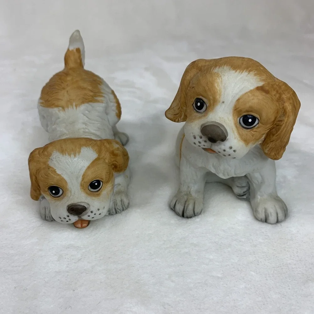 2 Vintage Homco No. 1407 Porcelain Puppy Dog‎ Figurines Tan and White